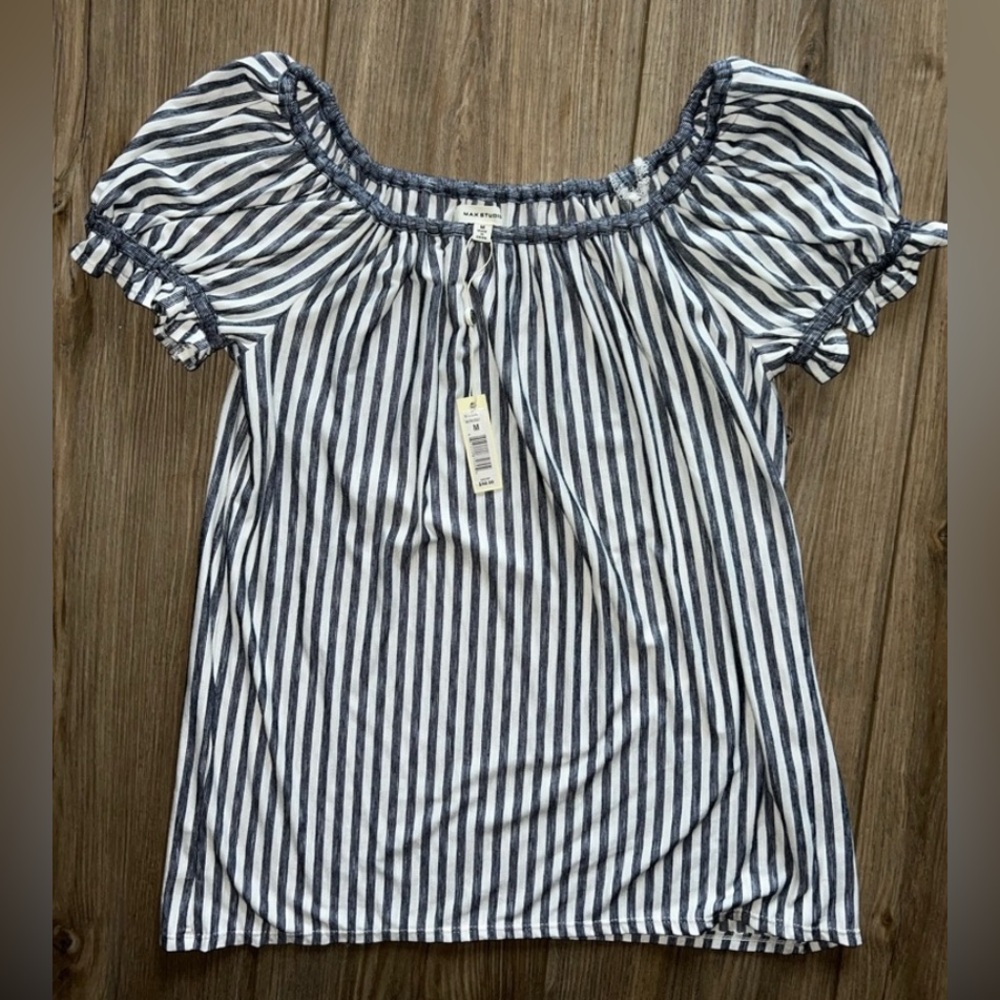 NWT Max Studio Navy Blue and White Stripes Boho Peasant Top Size Medium